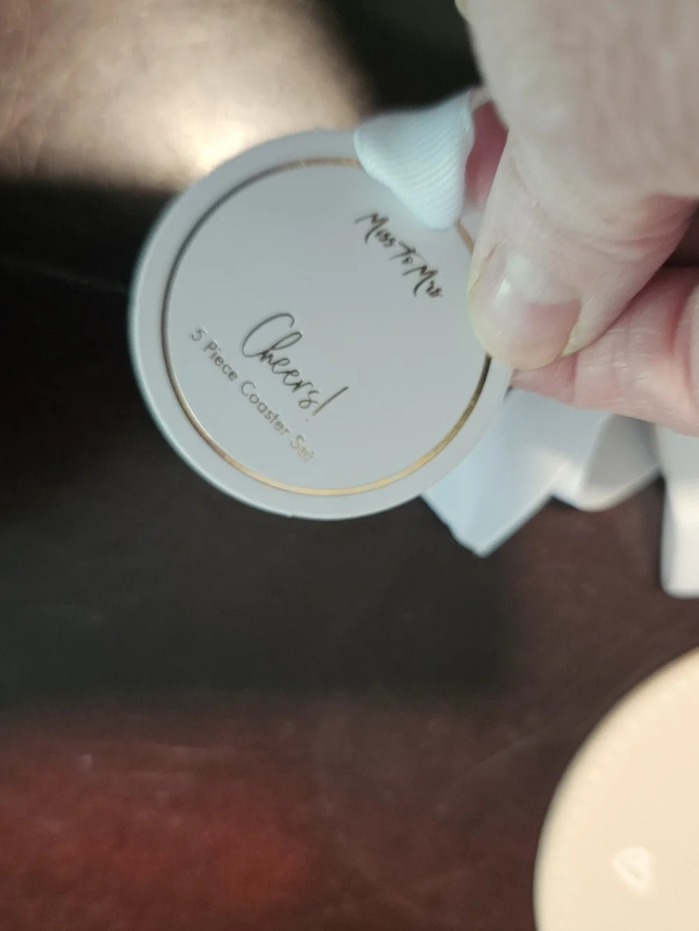Leather Wedding Cream Round Party Coasters with White Script - Set of 5 New!